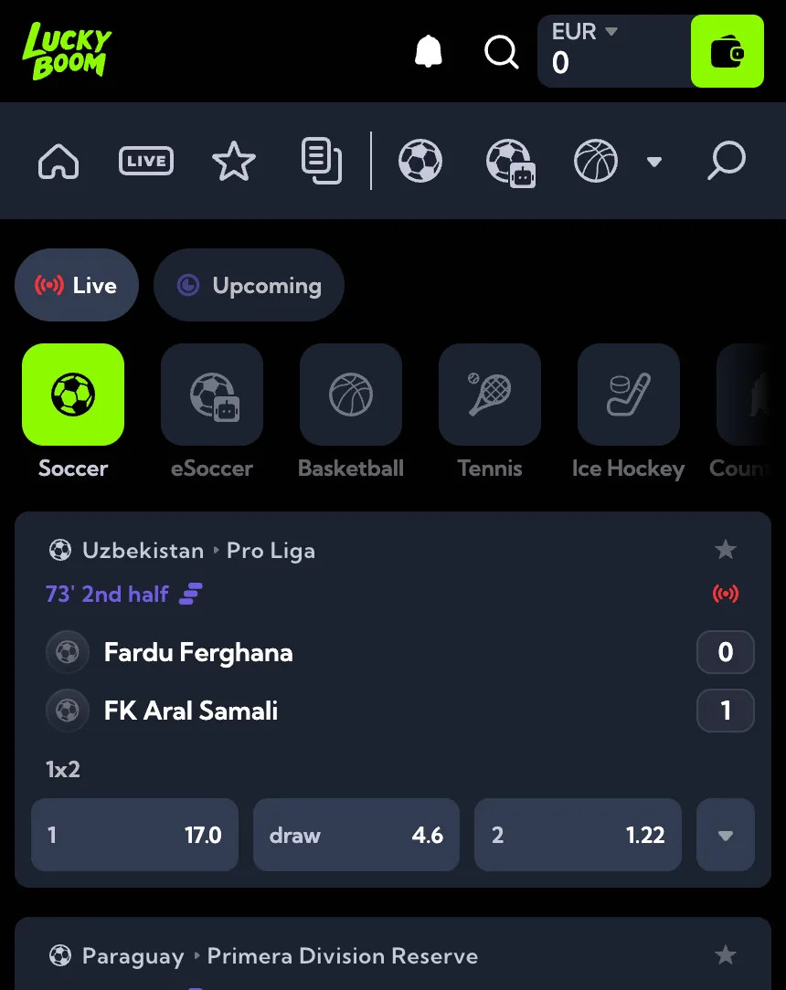 Screenshot: live sportwedstrijden in de app