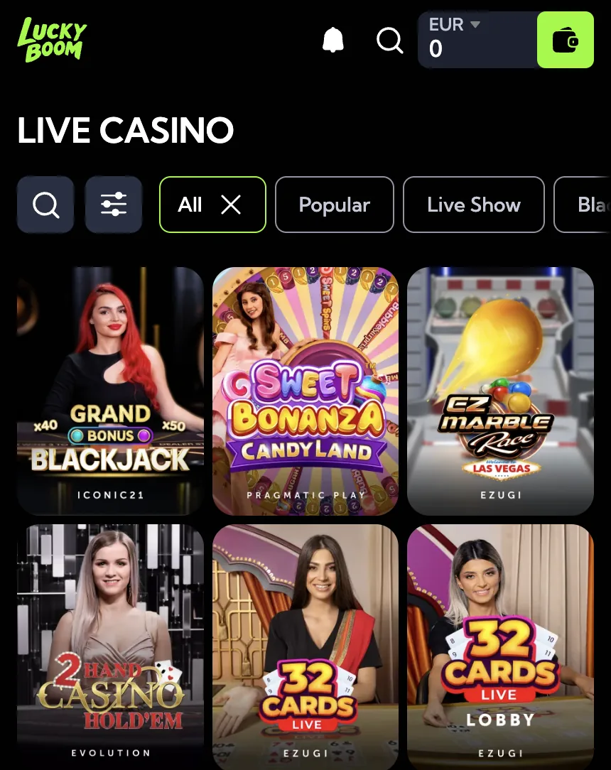 Screenshot: live casino in de mobiele weergave