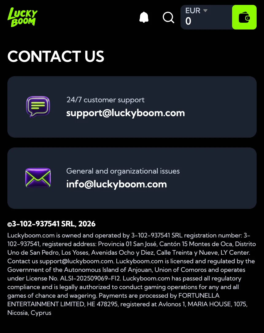 Screenshot: contactpagina met support-adressen