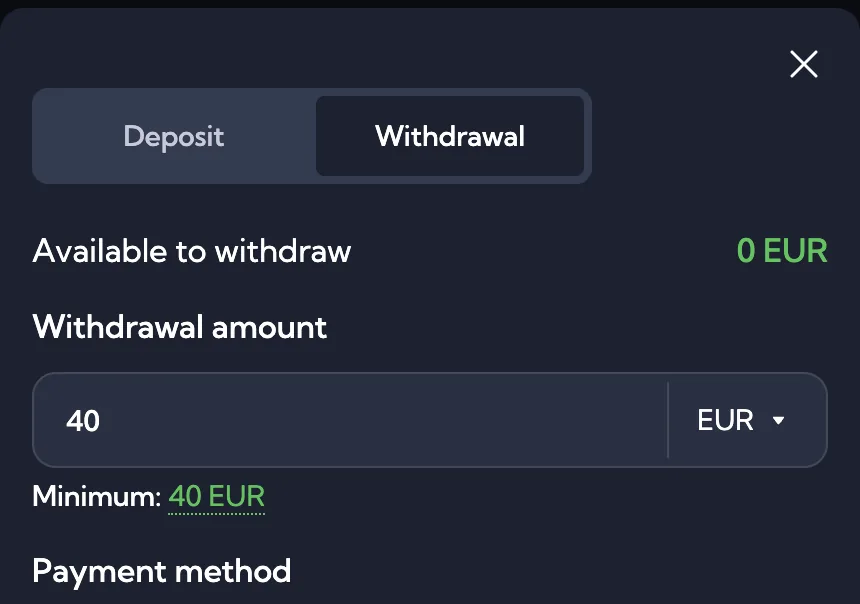 Screenshot: Withdrawal-tab met minimumbedrag