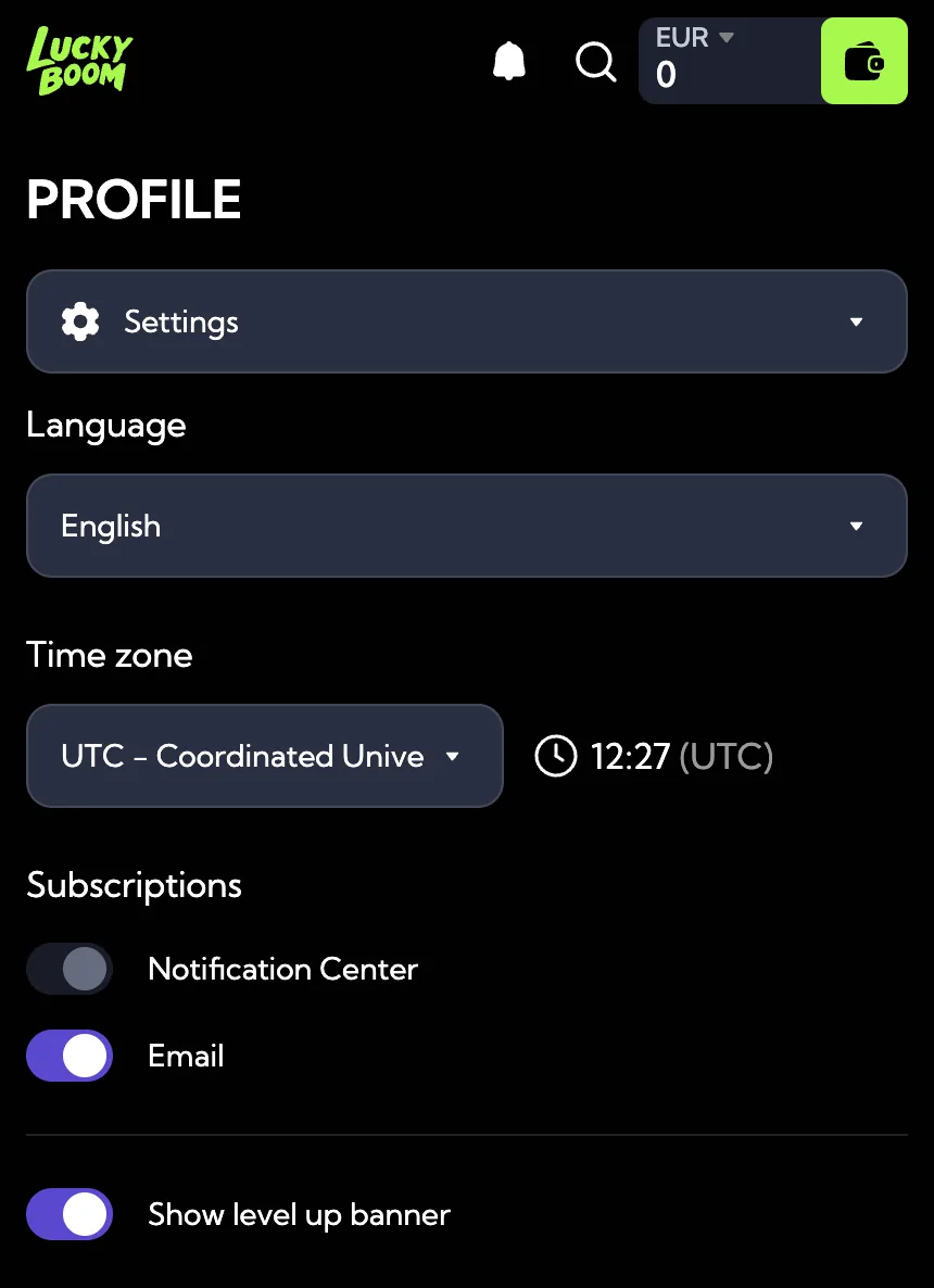 Screenshot: profielinstellingen direct na registratie