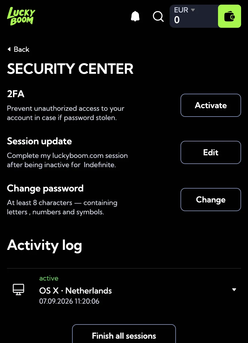 Screenshot: Security center met 2FA en wachtwoord