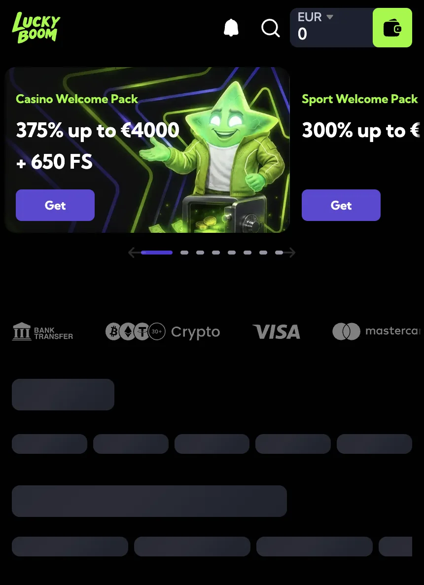De lobby van de LuckyBoom app op een telefoon